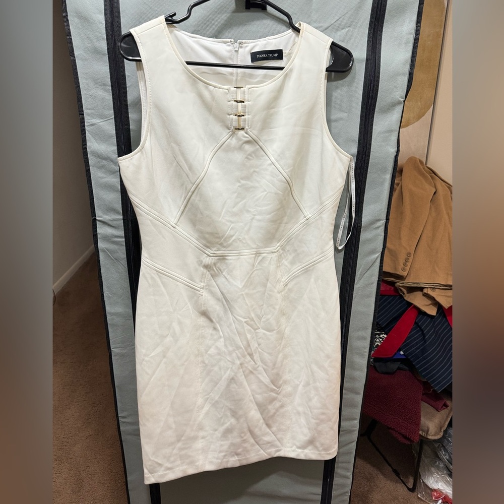 Ivanka trump white cream body con dress with gold decals